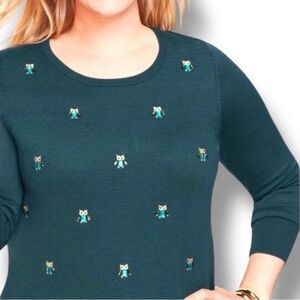 TALBOTS Bejeweled Owl Sweater Teal - Plus 3X